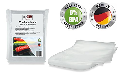 Vakuumbeutel von HAUSWERK für Lebensmittel "Made in Germany" (50 Btl. 15x20cm – Sous-vide) Profi-Qualität für alle Folienschweißgeräte | Vakuum-Folie