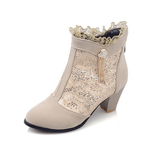 VogueZone009 Femme Rond à Talon Correct Matière Souple Haut Bas Bottes avec Dentelle, Beige, 40