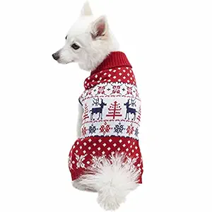 Blueberry Pet 6 Patterns Vintage Ugly Christmas Reindeer Holiday Festive Pullover Dog Sweater in Tango Red & Navy Blue, Back Length 14