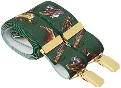 Brown or Green Clip On Elastic Trouser Braces With Guns Pheasants Dogs and Hunting Images - Made In Britain (XXL ( 52 Inches Long), Green)