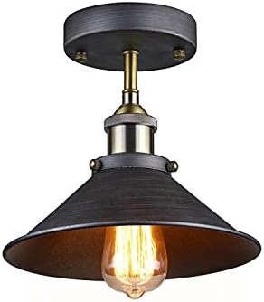 KLSD Retro Vintage Industrial Mini Edison Hanging Pendent Ceiling Light Shade Cone Mini Semi Flush Mount Ceiling Light Lamp for Coffee Study Dining Room Kitchen Black (Bulb not included)