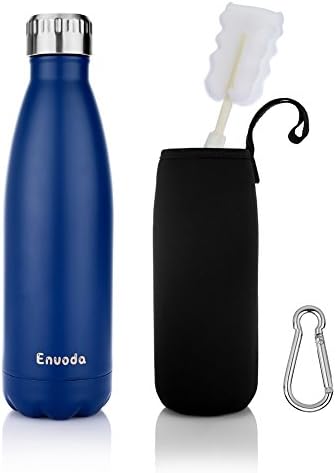 Vacuum Insulated Bottle ENUODA Double Walled Stainless Steel Water Bottle Keeps Drinks 24 Hours Cold &amp; 12 Hot,Vacuum Flask with Brush, Carrier Bag and Carabiner Clip - BPA Free (blue, 500ml/17oz)