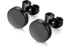 Androxeda 1 Paire - Boucles d'Oreilles Noires en Acier Inoxydable, Boucles d'Oreilles Noires Plates Rondes Hommes Femmes Garçons - 8mm