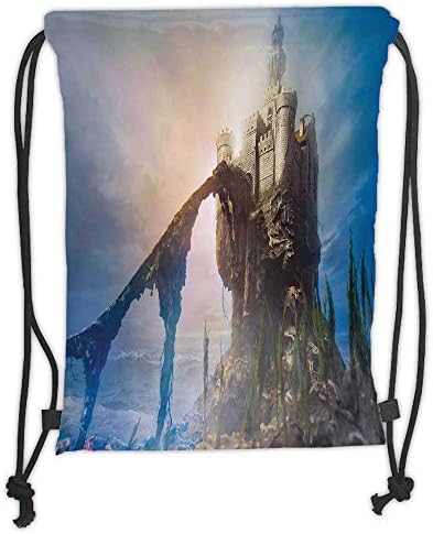 Drawstring Backpacks Bags,Medieval Decor,Old Ancient Fantastic Castle on the Hill Legendary Royal Stories of Middle Age Mist Art,Grey Blue Soft Satin,5 Liter Capacity,Adjustable S