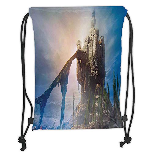 Drawstring Backpacks Bags,Medieval Decor,Old Ancient Fantastic Castle on the Hill Legendary Royal Stories of Middle Age Mist Art,Grey Blue Soft Satin,5 Liter Capacity,Adjustable S