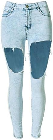 Women'S Jeans Disco High Waist Denim Loose Straight Trouser Zipper Pocket Big Holes Pants Light Blue , Light Blue , 42