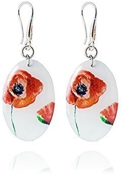 Delicate Romantic Flower Design Oval Round Dangle Earrings; Birthday Surprise Jewellery Gift for Women (White and Red Poppy)