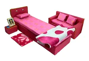 Doll House Bedroom Furniture Accessories Set of Pink Theme with Bed & Sofa for Doll. 10 pcs Set. Suitable for 11 - 12 inch Barbie Doll. (Pink)