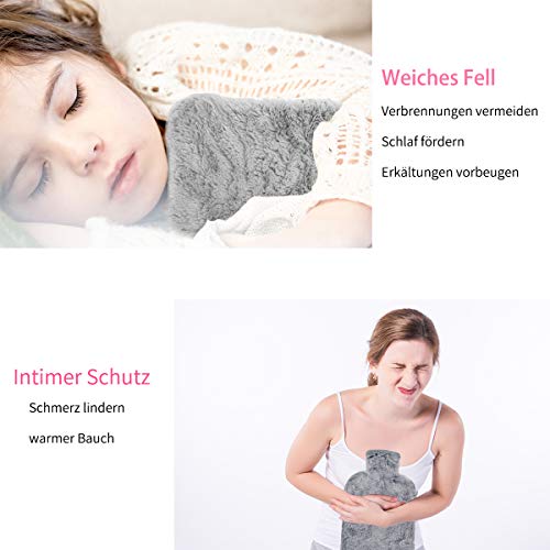 FUMUM Premium Wärmflasche mit Bezug, Weich Wärmflasche Klassik 2L mit Plüsch-Bezug, kein Geruch und Frei von Schadstoffen Grau Wärmflasche für Erwachsene Eltern Kinder