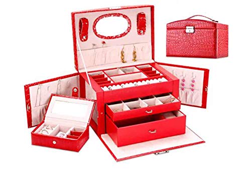 Preisvergleich Produktbild JYXQC Schmuckkästen,Schmuckkästchen Damen Großer Spiegel Leder Design Finishing-Box,Red