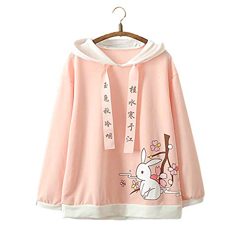 Vdual Kawaii japonés Niña Moda Pastel Rosado Color Conejito Conejo Diseño Linda Confortable Capucha Suéter Pull-Over