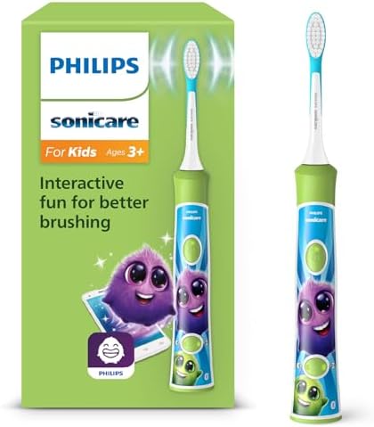Philips Sonicare For Kids - Spazzolino elettrico sonico con app, studiato per bambini dai 3 anni in su, con SmarTimer e QuadPacer per una pulizia profonda, verde, modello HX6352/11