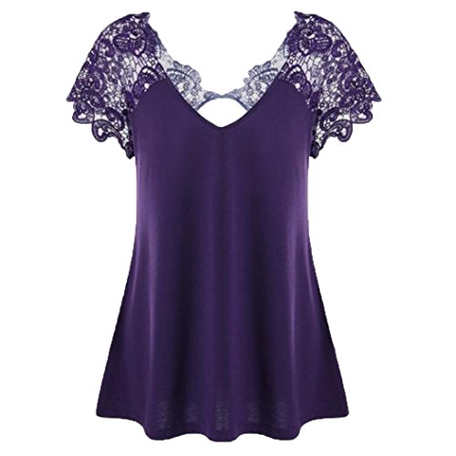 Blusas Para Mujer Rawdah Mujer Sexy Blusa Camiseta con Cuello EN V Para Mujer Blusa De Manga Corta De Encaje De Talla Grande Trim Cutwork T-Shirt Tops Elegante Blusa (Púrpura, XXXL)