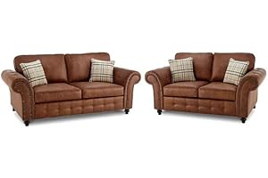SOFALAND 3+2 Seater Brown Leather Sofa Set - | Faux Leather Sofa | Brown Leather Sofa For Sale - 2 Seater Sofa Suite - 3 Seater Sofa Settee - Delivery All Over UK