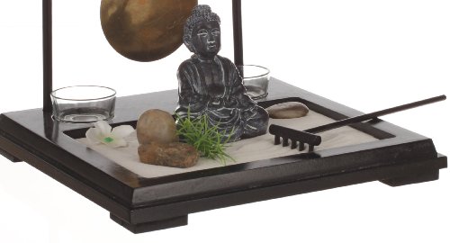 Buddhagarten ZEN Set auf Holzplateau mit zwei Gongschlägen, zwei Windlichtern, Sand und anderem Zuberhör - 3
