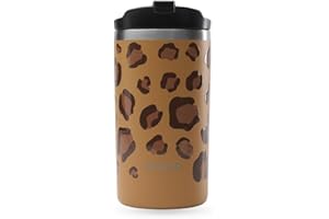 QWETCH - Travel Mug Isotherme - Leopard Camel 350ml - Thermo Café & Thé en Inox - 6h Chaud et 12h Froid - Compacte & Étanche, Mug de voyage