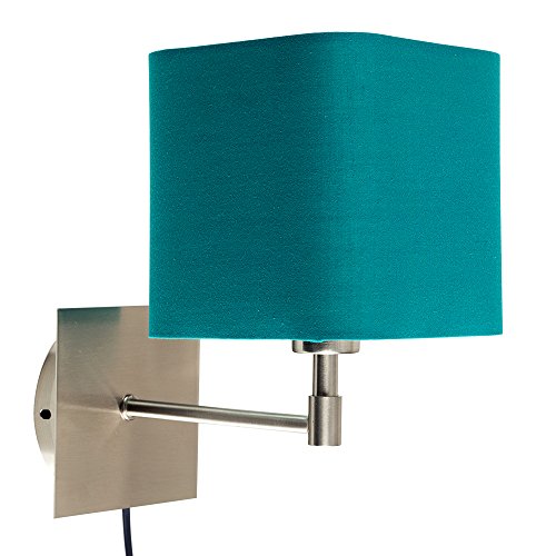 Modern Teal Polycotton Square Design Brushed Chrome Bedside Wall Light with Practical Plug, Cable and Switch