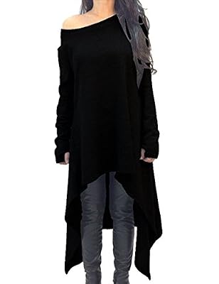 Yidarton Robe Pull Femme Longue Ourlet Asymétrique Manches Longues Casual Top Tunique (L, Noir)