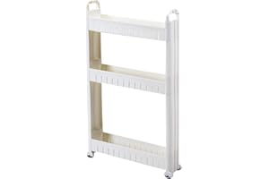LINONI 3/5-Tier Narrow Shelf, Hand Trolley with Wheels, Kitchen Trolley, Mobile Storage Shelf Organiser for Kitchen, Office, Plastic, White, Widh10 cm, 3 Tier