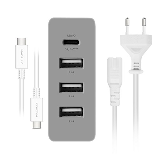 Macally HOME72UCWC-EU 72 Watt 1 Port USB-C- und 3 Port USB-A-Ladegerät für 12-inch MacBook, MacBook Pro (USB-C) und Mobilgeräte mit USB-C- und USB-A-Anschluss (2 Stift-Eurostecker) - Inklusive USB-C Kabel