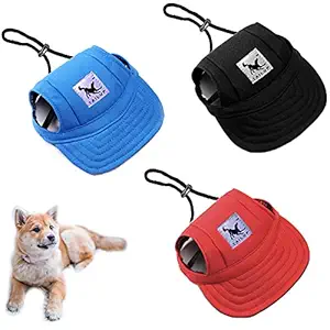 3 Pcs Dog Baseball Hat with Strap, Cute Adjustable Pet Hats for Small Medium Dogs, Durable Puppy Visor Cap with Ear Holes Pet Outdoor Sports Supplies (Black, Blue, Red)