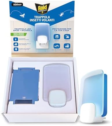 Raid Essentials Trappola Insetti Volanti Base Antimosche, Antimoscerini e Antitarme, Senza Insetticida, Protezione 24/7 dagli Insetti Volanti, per uso Interno, 1 Trappola e 1 Ricarica