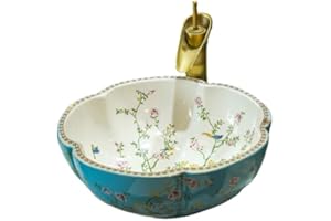 JDZJYBQX Lavabo en céramique couleur bleue vasque de salle de bain pour comptoir avec motif oiseau fleur