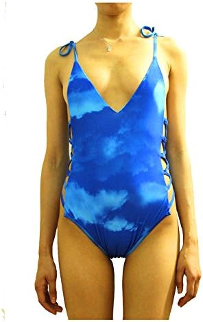 Sportgirls Womens Long Sleeve Rash Guard Swimwear Monokini Swimsuits Sexy Cross Lace up Low Back Print One Piece Bathing Suits Blue XXL