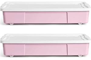 KYY'Z - 47L Wheeled Underbed Storage Boxes with Secure Clip Lids Plastic Storage Containers on Wheels Ideal for Clothes Toys Bedding Organiser Stackable Home Bedroom Storage Solution (2x Pink)