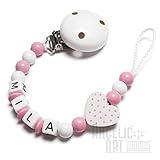 Handgefertigte Produkte Schnullerkette mit Namen - Auto, Herz, Eule, Wolke, Stern für Mädchen und Jungen (Herz, rosa, weiß)