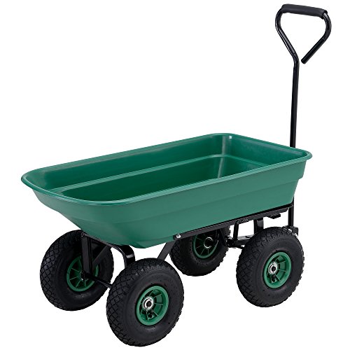 [pro.tec] Carro de transporte para jardín (Capacidad 75L - 300kg) (verde) trasera abatible (eje de dirección y neumáticos)