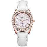 Weiße Damenuhr Luxus Quarz - YOSIMI Damen Luxuriöse Armbanduhr Weißes Lederarmband Roségold Edelstahlkristalle Analog Formaler Stil