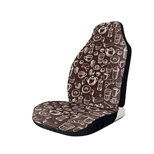 Preisvergleich Produktbild HHOWE Seat Covers Vehicle Protector Car Mat, Hand Drawn Style Pattern with Coffee Tea Cups Donuts and Sweets,Fit Most Cars, Sedan, Truck, SUV,2pcs