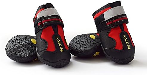 SUPEREX 4pcs Dogs Waterproof Boots, Outdoor Protective Sport Anti-slip Puppy Shoes with Adjustable Velcro Strap , for Medium to Large Dogs Labrador Husky Samoyed (Red, Size#5)