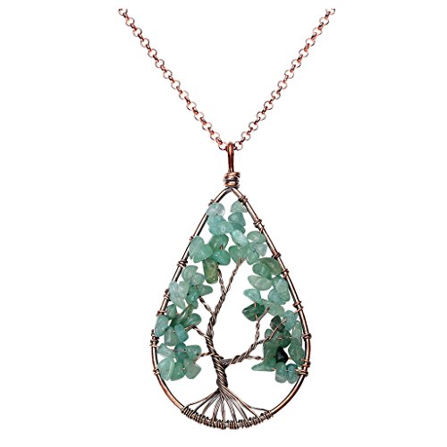 QGEM Bijoux Collier Pendentif Chakra Arbre de Vie en Pierre Naturelle Forme Goutte d'Eau Porte-bonheur Enérgie