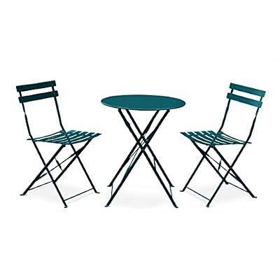 Alice's Garden - Salon de jardin bistrot pliable - Emilia rond bleu canard - Table ronde Ø60cm avec deux chaises pliantes, acier thermolaqué, chaises avec lames incurvées pour plus de confort