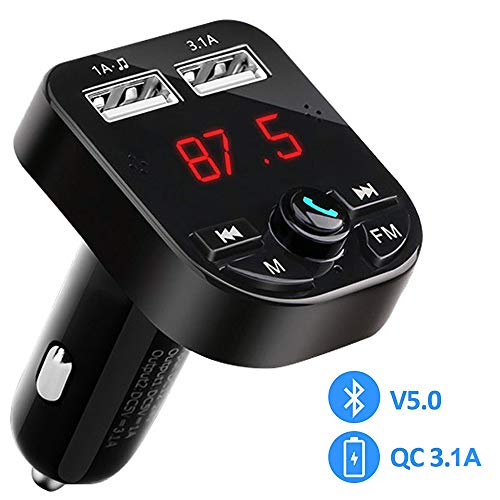 IULONEE FM Transmitter Bluetooth 5.0 Wireless Car Audio Radio Adapter MP3 Player Hand free Car Kit with Mic QC3.1A USB Charging Ports USB Flash Drive TF Card for i0S and Android Devices (Black)