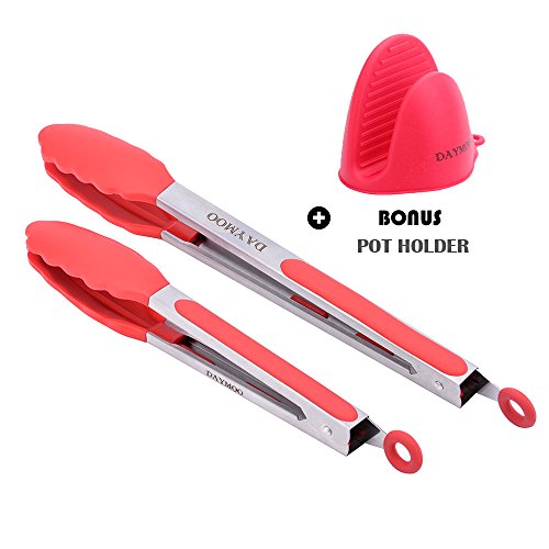 DAYMOO Stainless Steel Kitchen Tongs Set, Heat Resistant Metal Locking Food Tongs with Silicone Tips for Barbecue, Salads,Grilling,Serving and Fish Turning