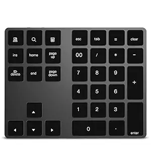 Honelife Wireless Numeric Keyboard Aluminium 34 Key BT Keyboard Built-in Rechargeable Battery Keypad for Windows/iOS/Android (Black)