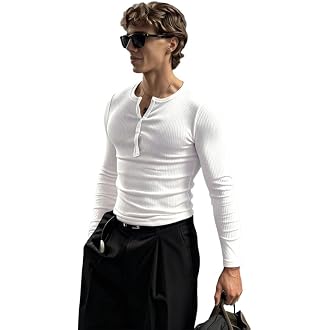 FUGAZEE 100% Cotton White Muscle fit Ribbed Henley Long Sleeves T-Shirt