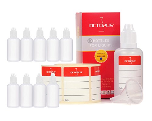 10 x 50 ml Octopus Tropfflaschen, zur Dosierung von Flüssigkeiten, E-Liquids, Augentropfen, leere LDPE Kunststoffflaschen transparent, Tropferflaschen mit weissen Tropfverschlüssen, mit Kindersicherung, inkl. 10 Beschriftungsetiketten