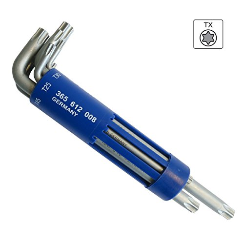 S&R Winkelschlüsselsatz für Torx-Schrauben 8-tlg. gebohrt TX10-TX50, in Zylinder-Kunststoffclip