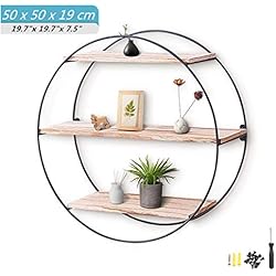 king do way Étagère Murale Design, Étagère Industrielle Vintage en Bois et Métal Étagère Ronde avec 3 Étagères pour Chambre Cuisine Bibliothèque Salon ou Café, 50 x 50 x 19 cm