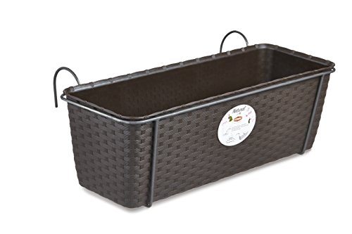 4 Stück Pflanzkasten im Rattan Design mit integriertem Wasserspeicher und Metallrahmen für Geländer aller Art oder zum Aufstellen, Maße B 50 x H 18 x T 16 cm, Farbe braun - 2