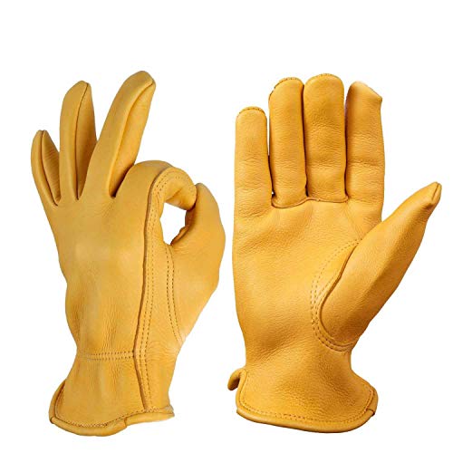 Preisvergleich Produktbild Lederhandschuhe, OZERO levantierteHirschhaut-Gartenhandschuhe für Gartenarbeit Zimmerei Fahren Schießen und Motorrad Cycle– Extrem weich und perfekter Halt–Haltbarer Gunn-Schnittund Keystone-Daumen (Gelb, M)