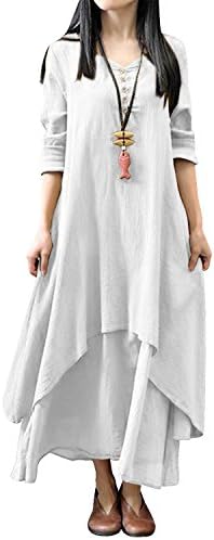 Lanisen Women's Casual Long Sleeve Irregular Layers Linen Loose Kaftan Long Dress White 5XL