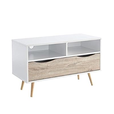 Générique BELA Meuble TV scandinave blanc et décor chene mat + pieds en bois hévéa - L 90 cm
