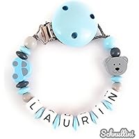 Schnullerkette mit Namen Gravur Auto Teddy Geburt Taufe Geschenk Silikonring individuell | Junge Namenskette
