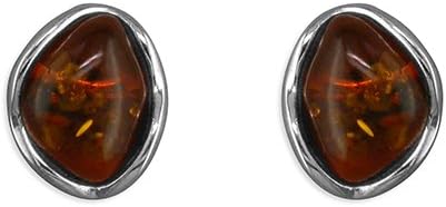 Sterling Silver Earring Cognac amber deep-det ovoid stud Brand New