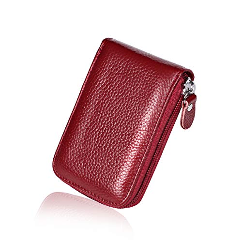 Preisvergleich Produktbild HOUSON Leder Karten Geldbörse Leder Kreditkartenetui RFID Scheckkarten Kartenetui Visitenkartenetui Hülle-Halter-Schutz Reißverschluss Geldklammer Damen Herren Rot